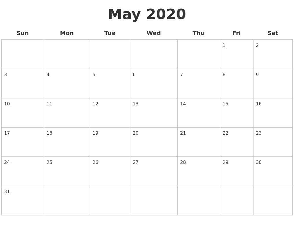 May 2020 Blank Calendar Pages-Blank 2 Pages Calendar 2020