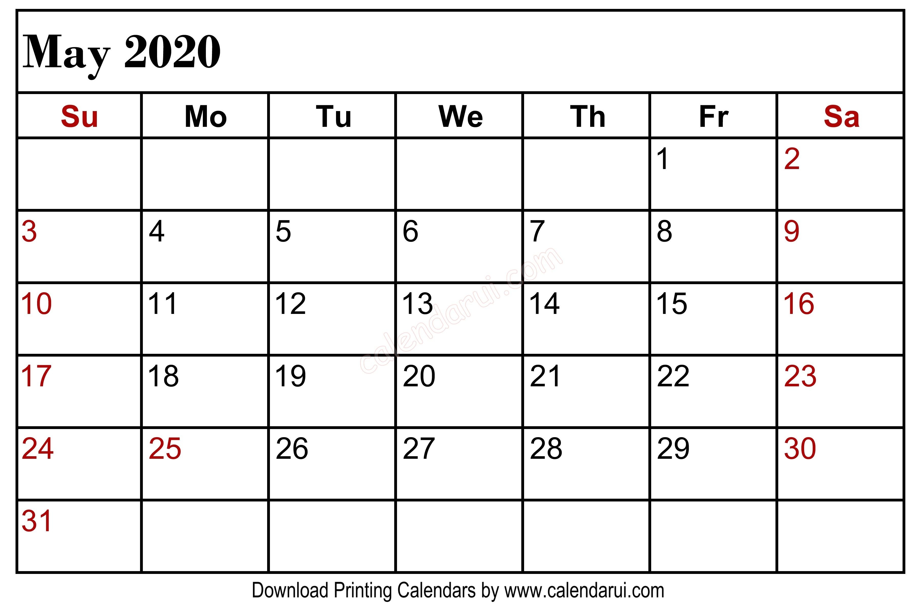 May 2020 Blank Calendar Printable Free Download Left Header-2020 May All Holidays