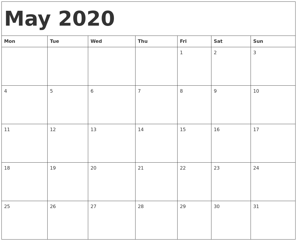 May 2020 Calendar Template-Monday To Sunday May 2020 Template