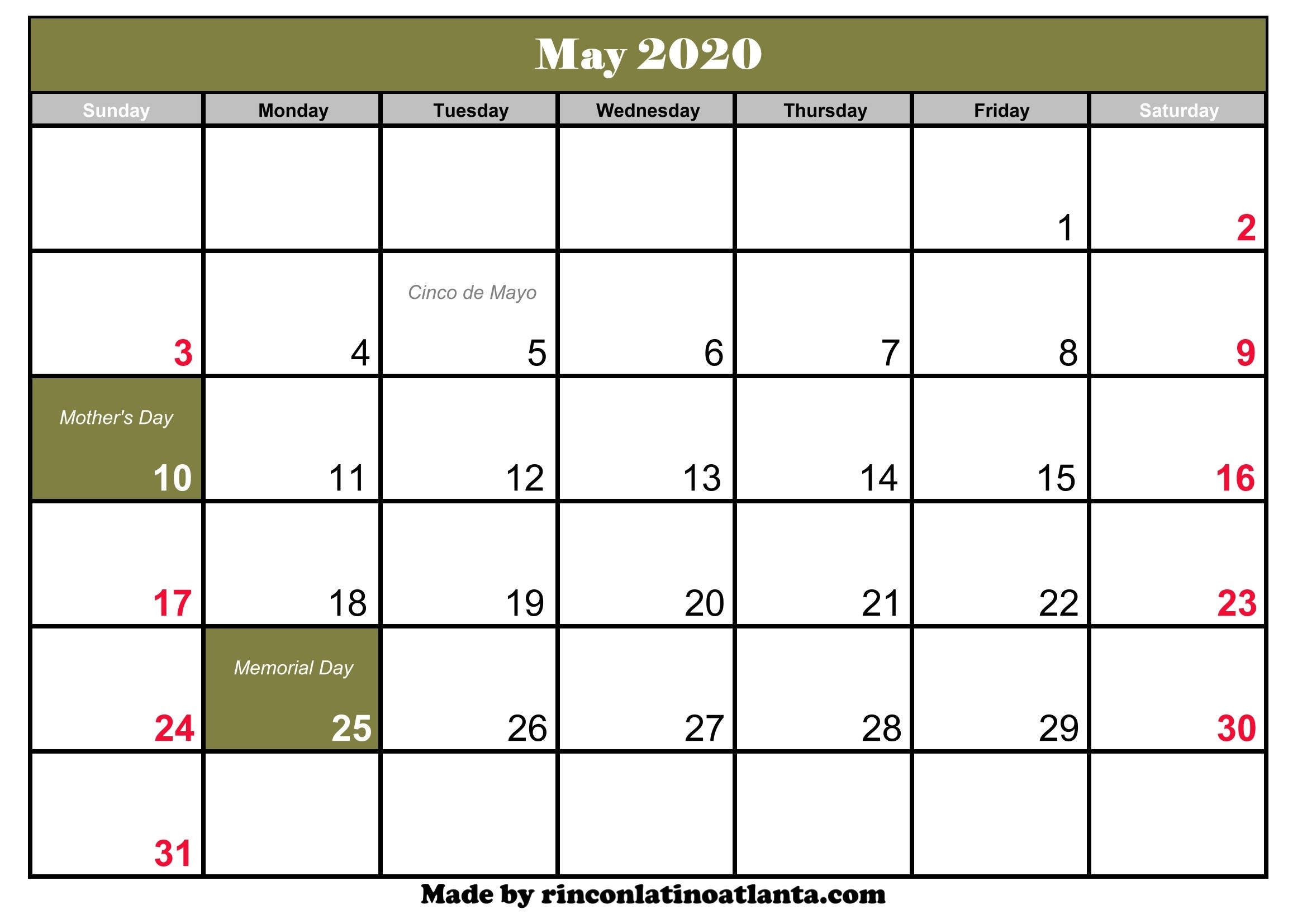 May 2020 Calendar With Holiday | Calendar Template Printable-2020 May All Holidays