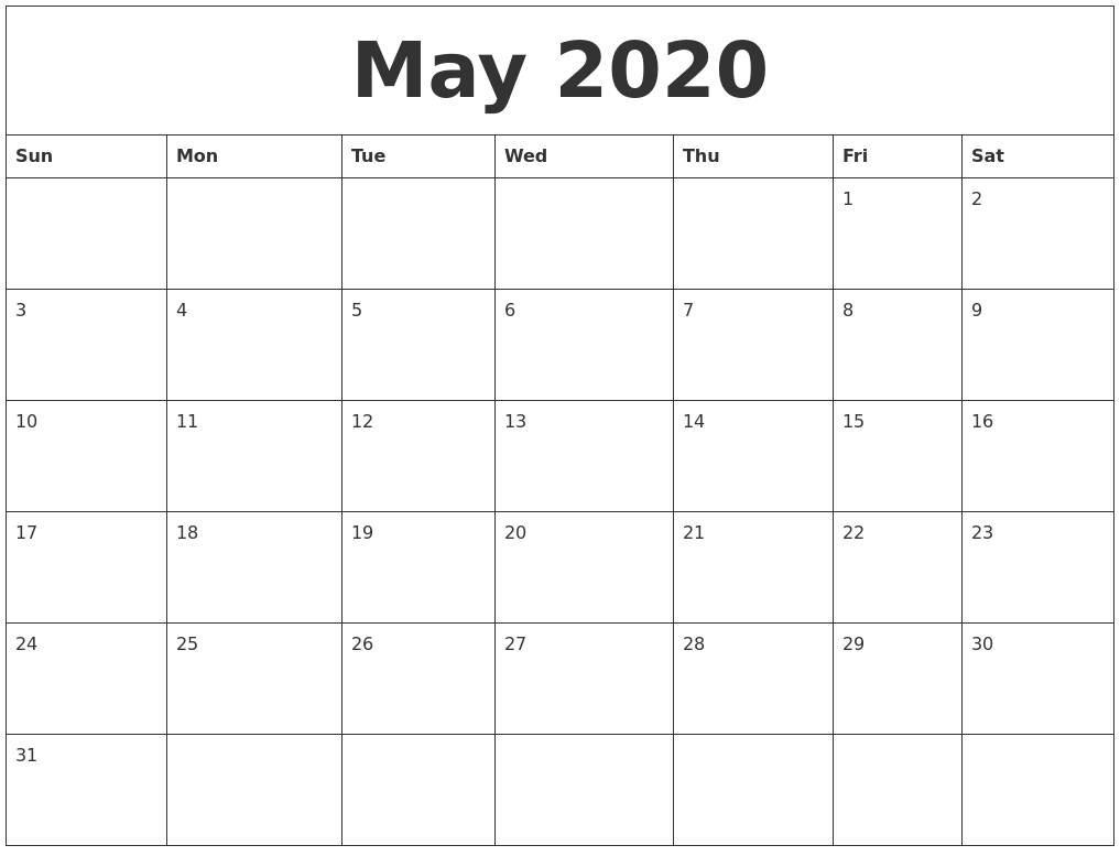 May 2020 Editable Calendar Template-Monday To Sunday May 2020 Template