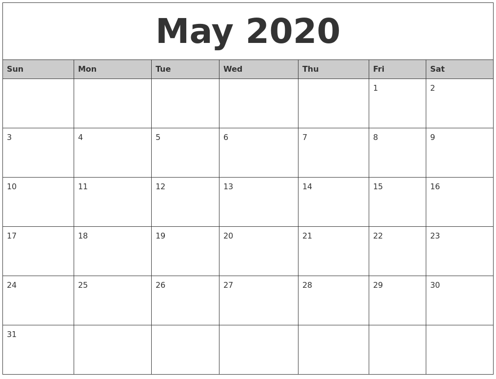 May 2020 Monthly Calendar Printable-2020 Monthly Calendar Printable