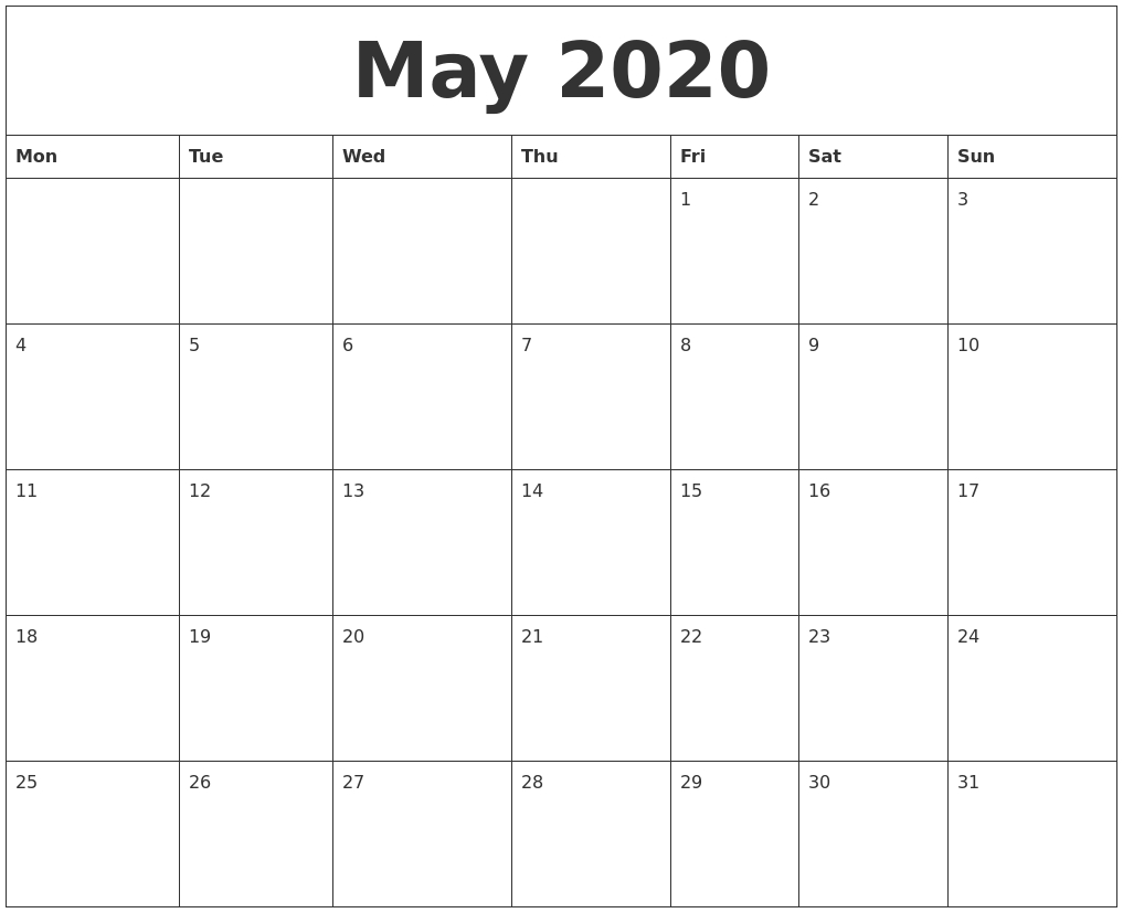 May 2020 Monthly Printable Calendar-Printable Monday-Friday Calendar 2020 Monthly