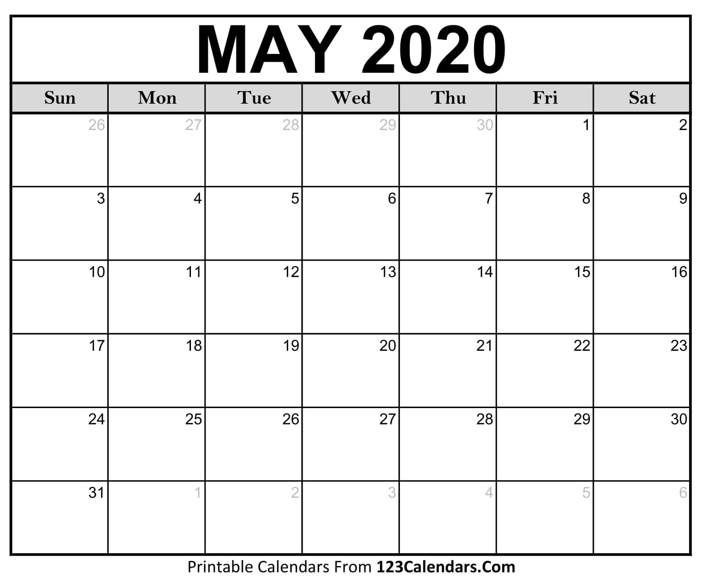 May 2020 Printable Calendar | 123Calendars-2020 Monthly Calendar Printable Showing Previous Month And Next Month