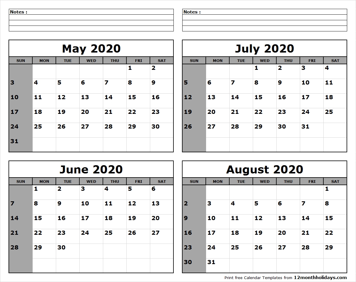 May-June-July-August-2020-Calendar-To-Print - All 12 Month-Blank Calendar For June July And August 2020