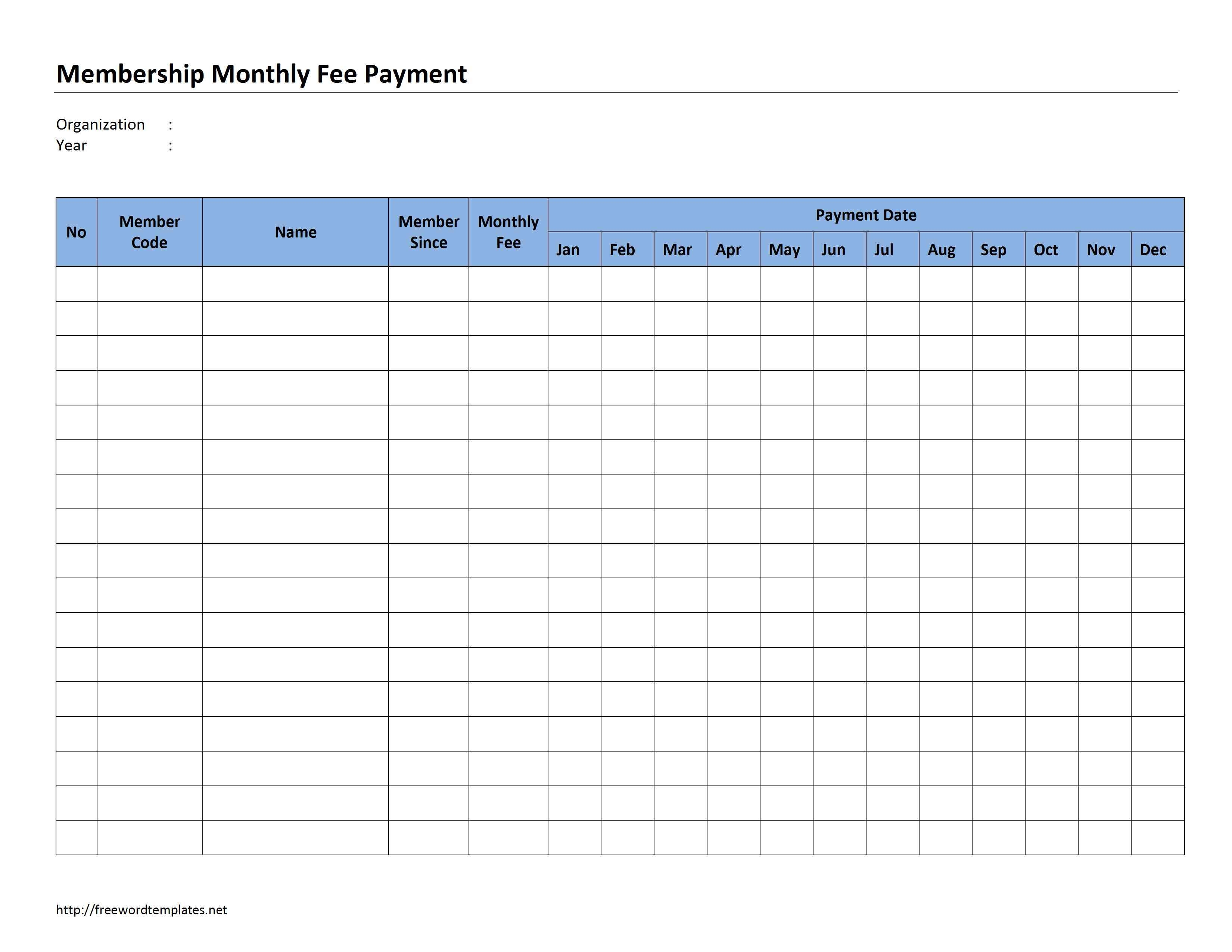 Membership Monthly Fee Payment-Monthly Sign Up Sheet Templates