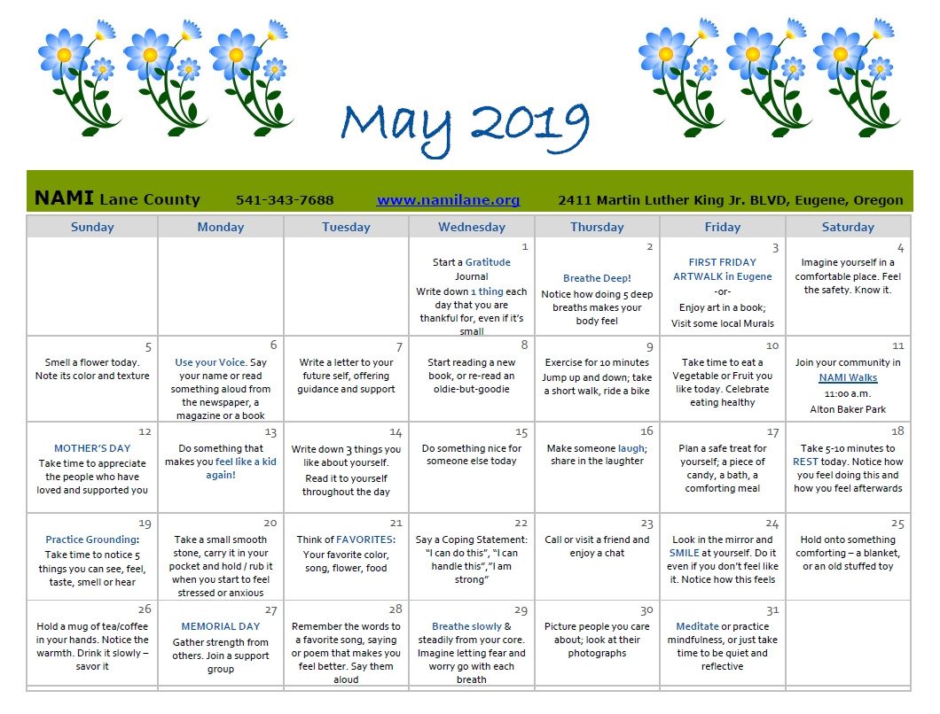 Mental Health Awareness Month- Self Care Calendar! - Nami-Monthly Health Awareness Calendar 2020