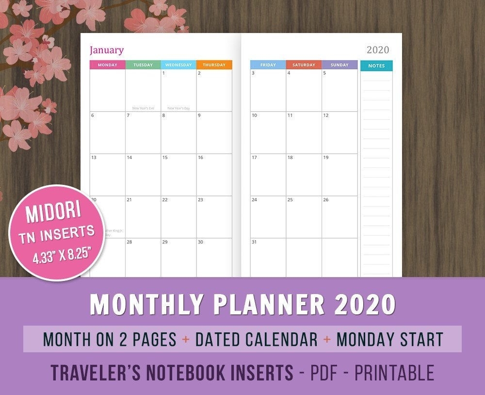 Midori Tn Inserts, Monthly Planner 2020, Printable Planner, Month On 2  Pages, Mo2P, Midori Travelers Notebook, Printable Midori, 4.33X8.25-Monthly Bill Checklist Printable 2020