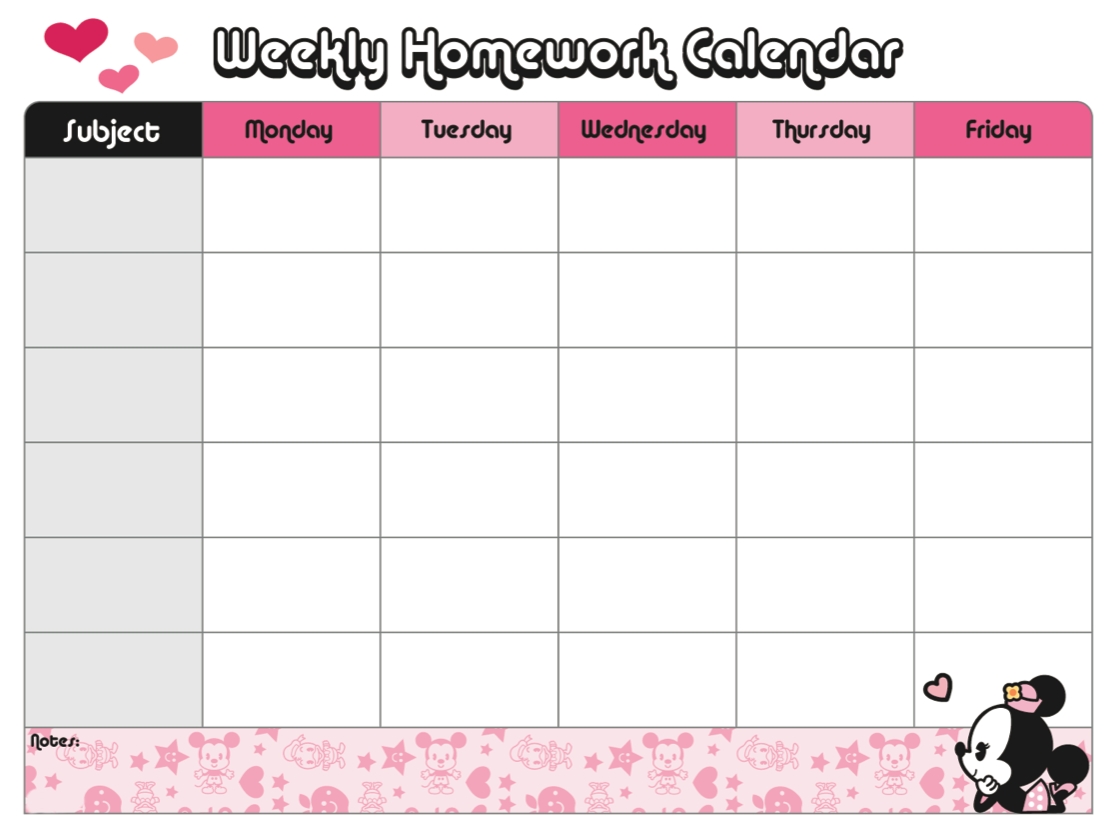 Minnie&#039;s Weekly Homework Calendar | Disney Family-Monthly Homework Calendar Printable