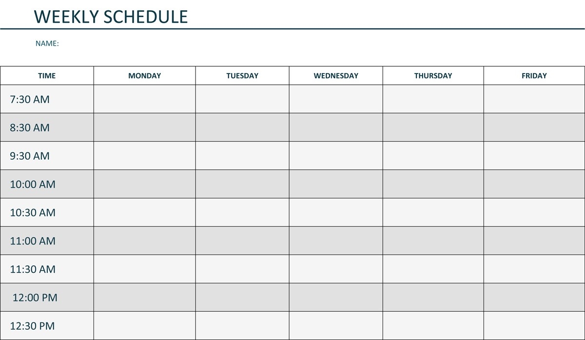 monday through friday schedule template calendar monday to friday