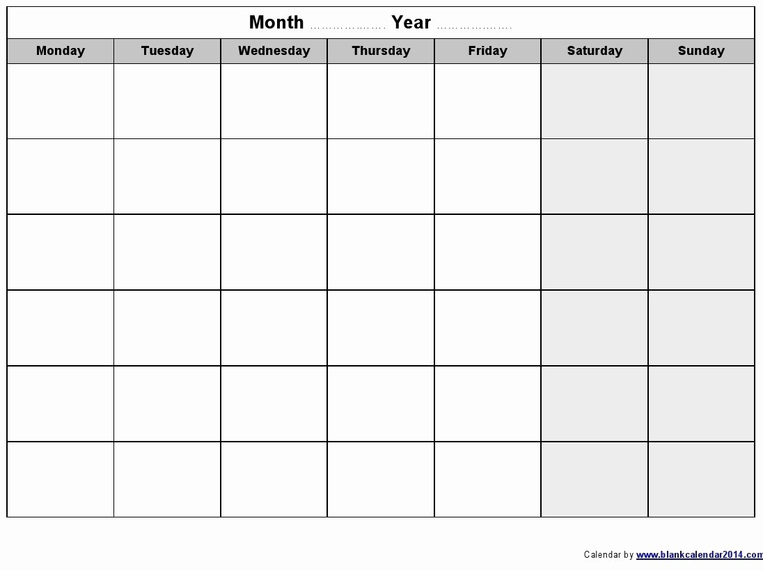 Monday To Friday Monthly Calendar Calendar Template Printable