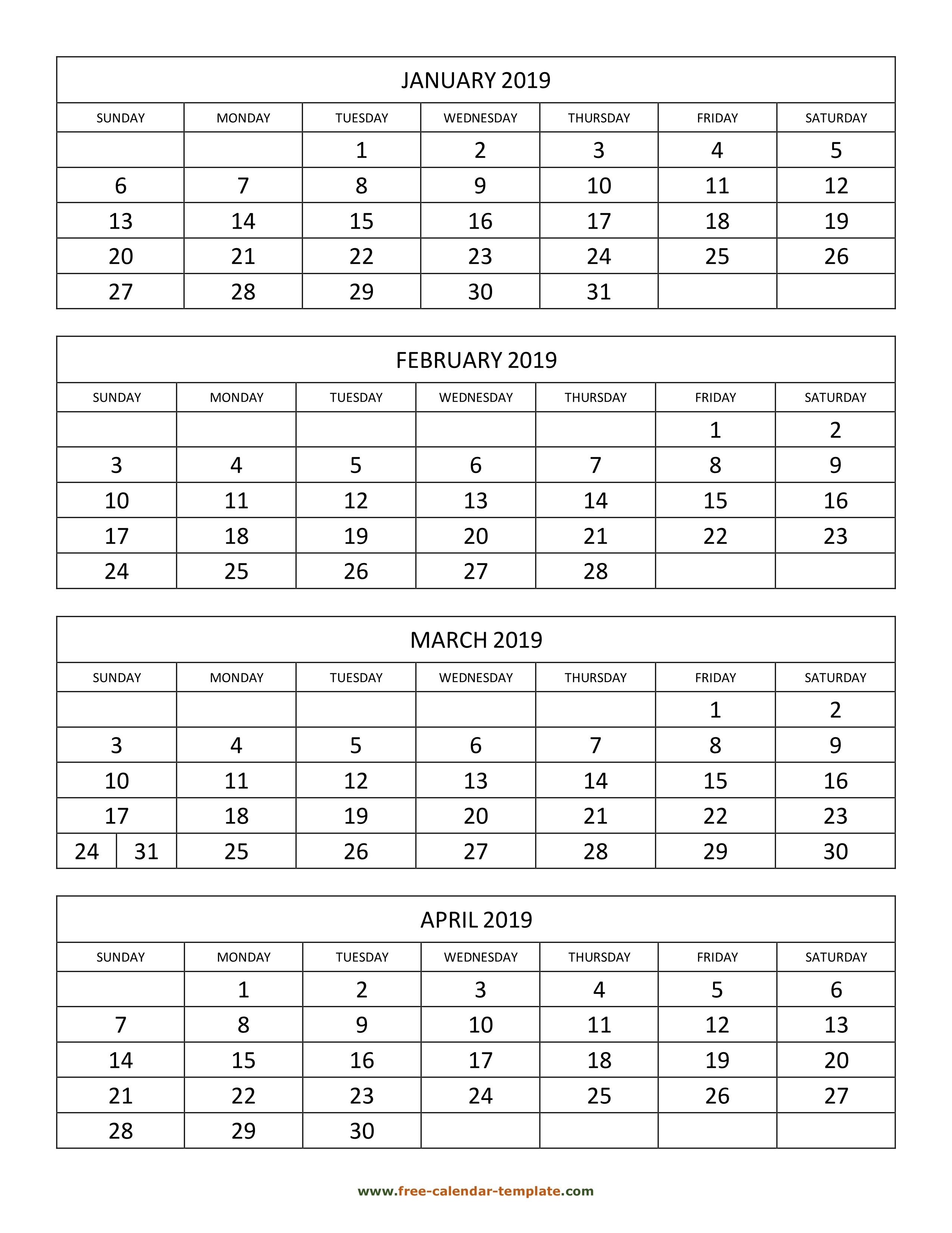 Monthly 2019 Calendar 4 Months Per Page (Vertical) | Free-Calendar Template 4 Months Per Page