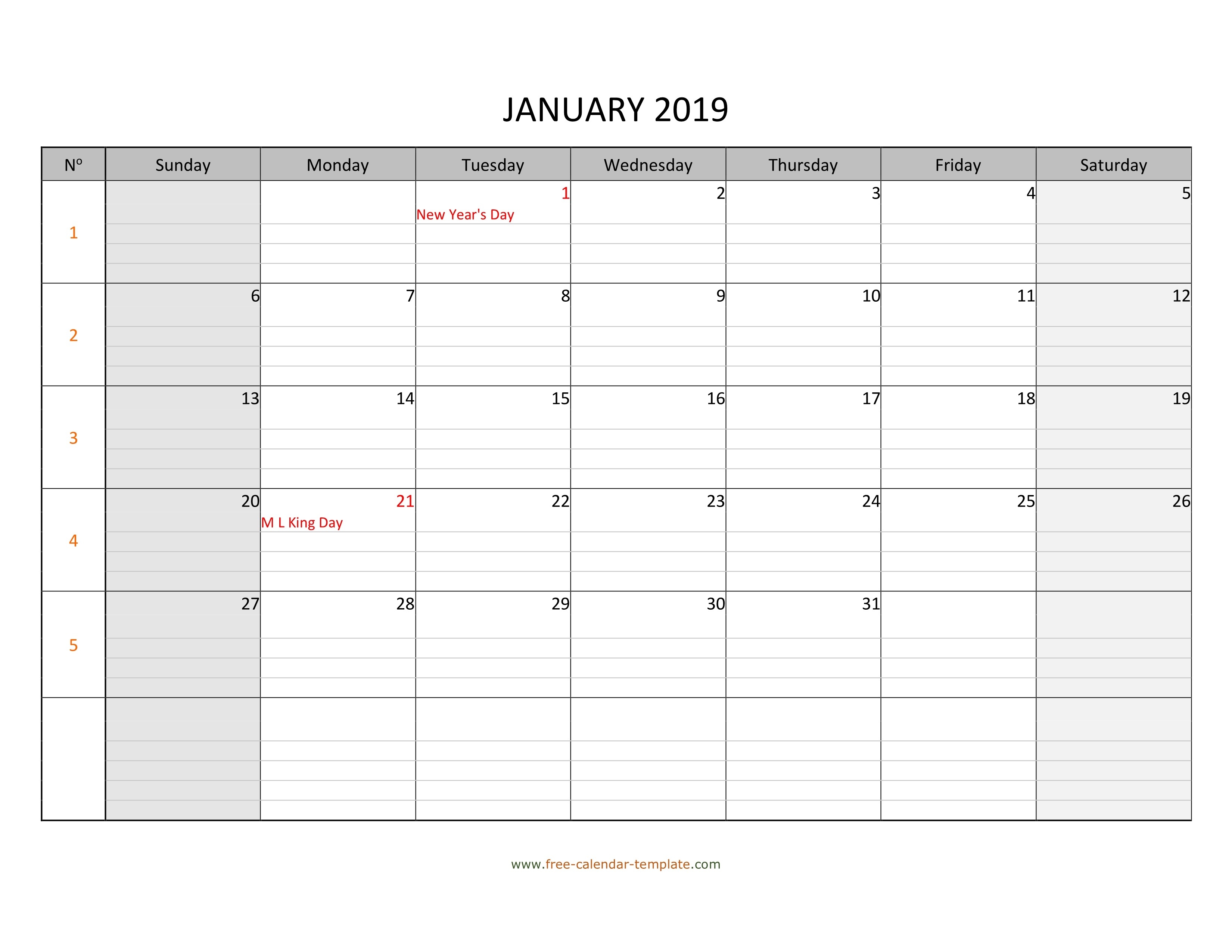 Monthly 2019 Calendar Free Printable With Grid Lines-Free Blanks Calendar Printable With Notes And Lines