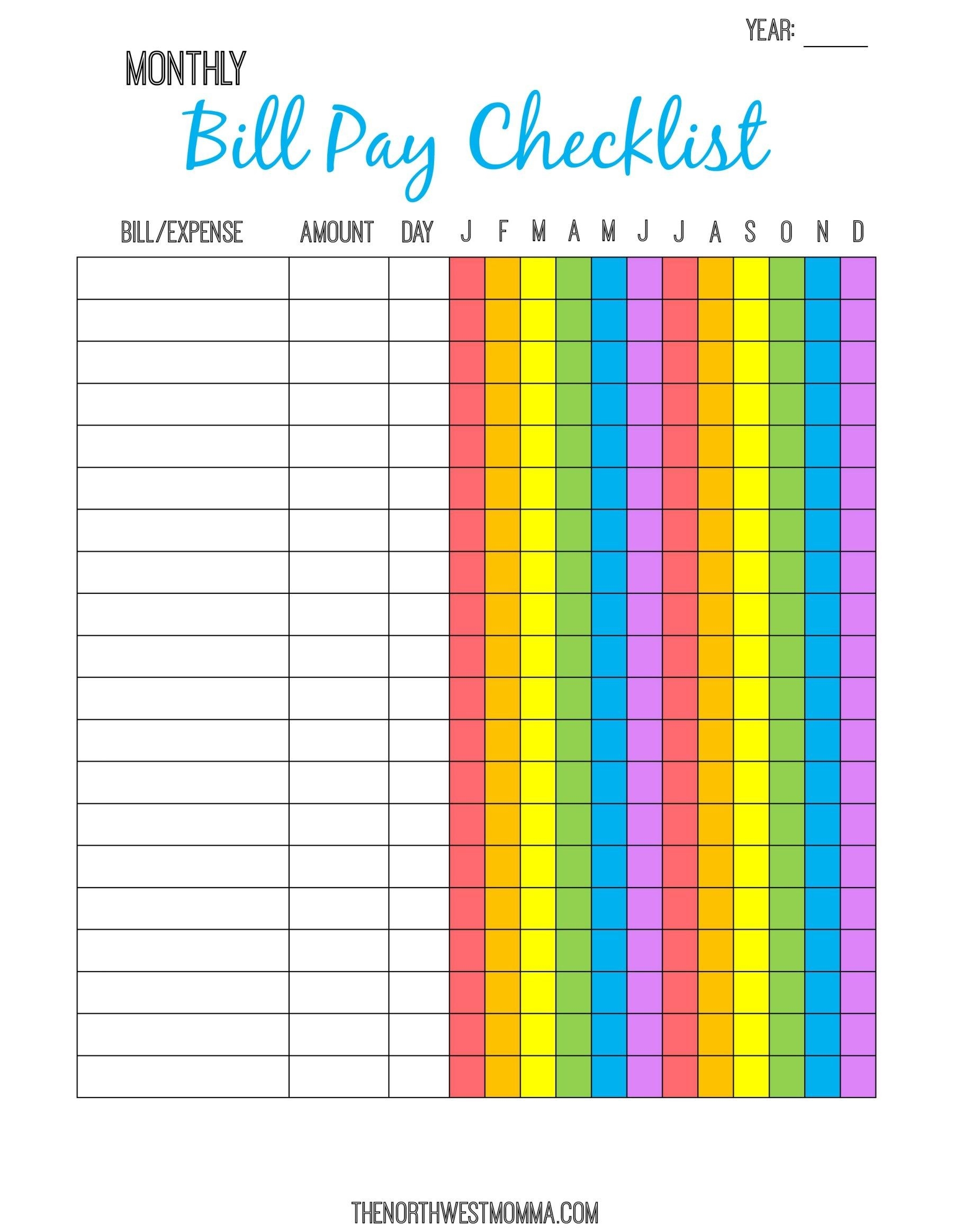 Monthly Bill Pay Checklist- Free Printable! | $ Saving Money-Blank Template To List Monthly Billd