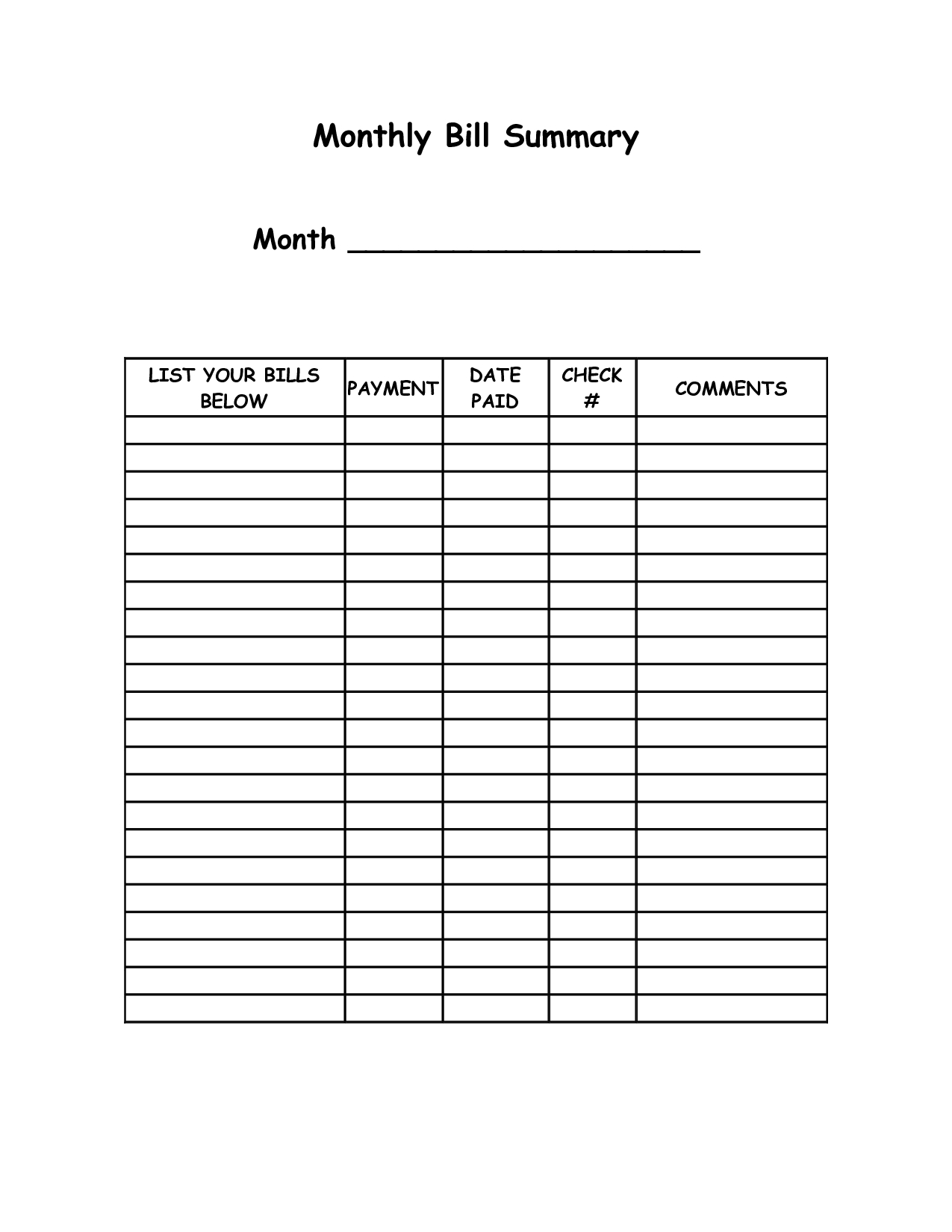 Monthly Bill Summary Doc | Organization | Organizing Monthly-List Of Bills Template