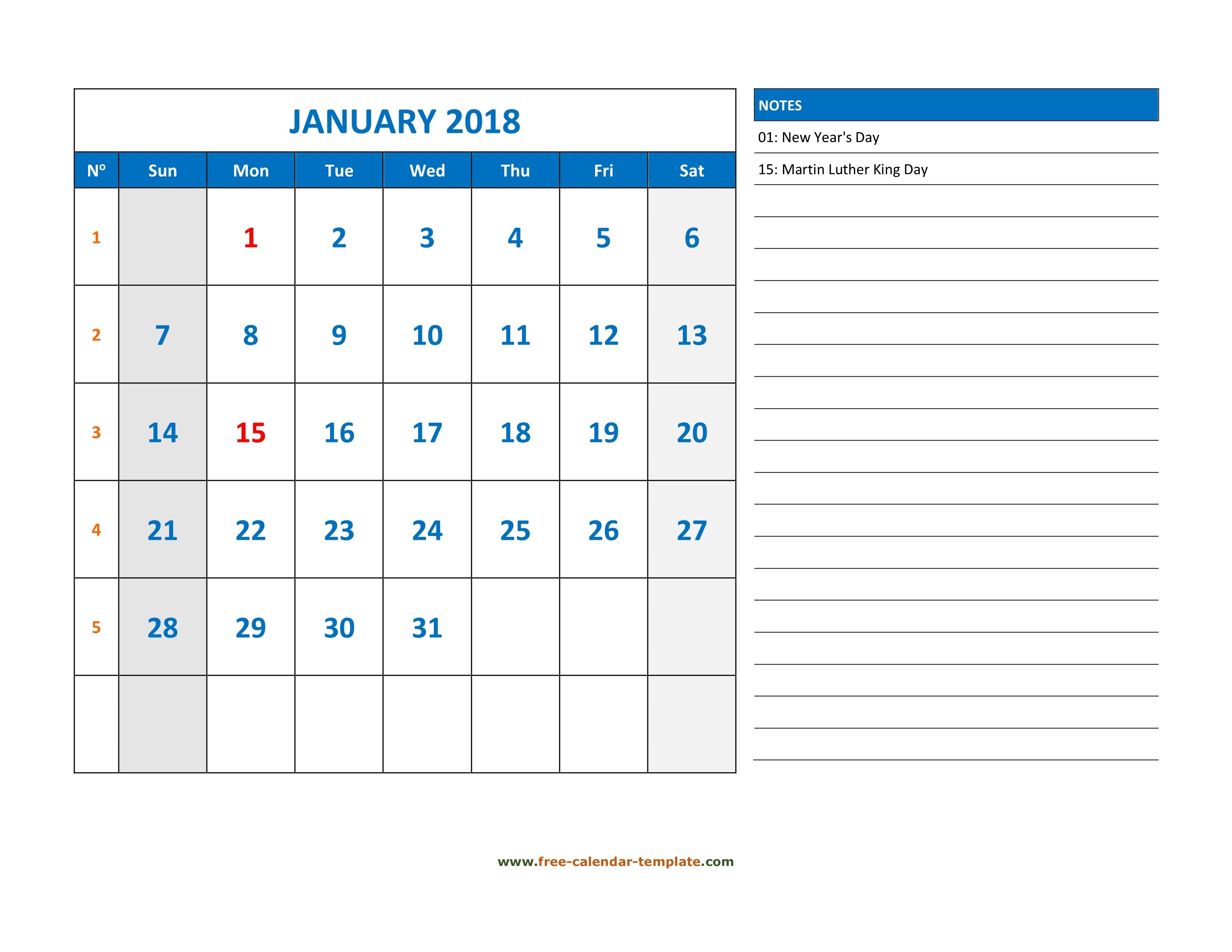 Monthly Calendar 2018 Grid Lines For Holidays And Notes-Free Blanks Calendar Printable With Notes And Lines