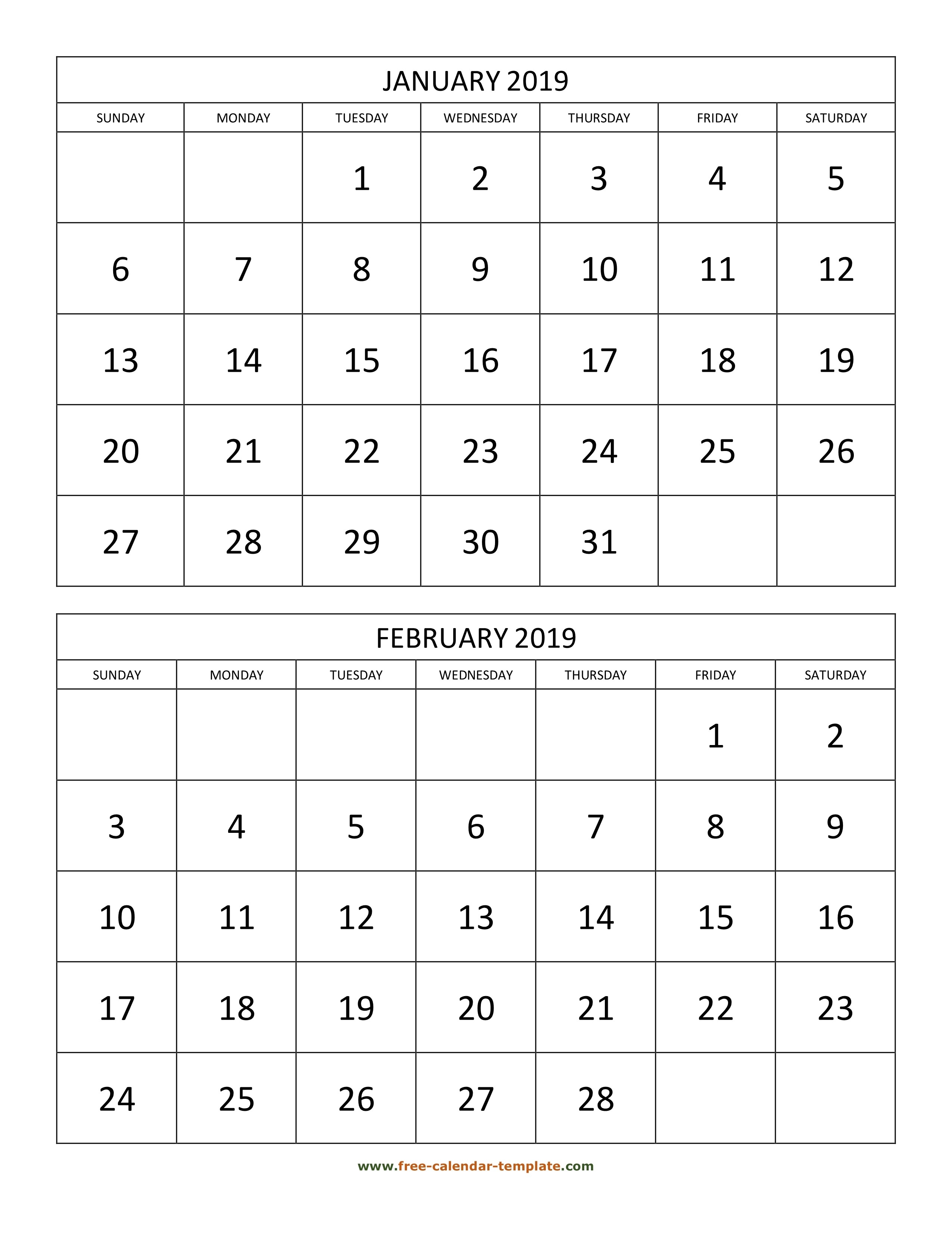 Monthly Calendar 2019, 2 Months Per Page (Vertical) | Free-2 Month Blank Calendar Template