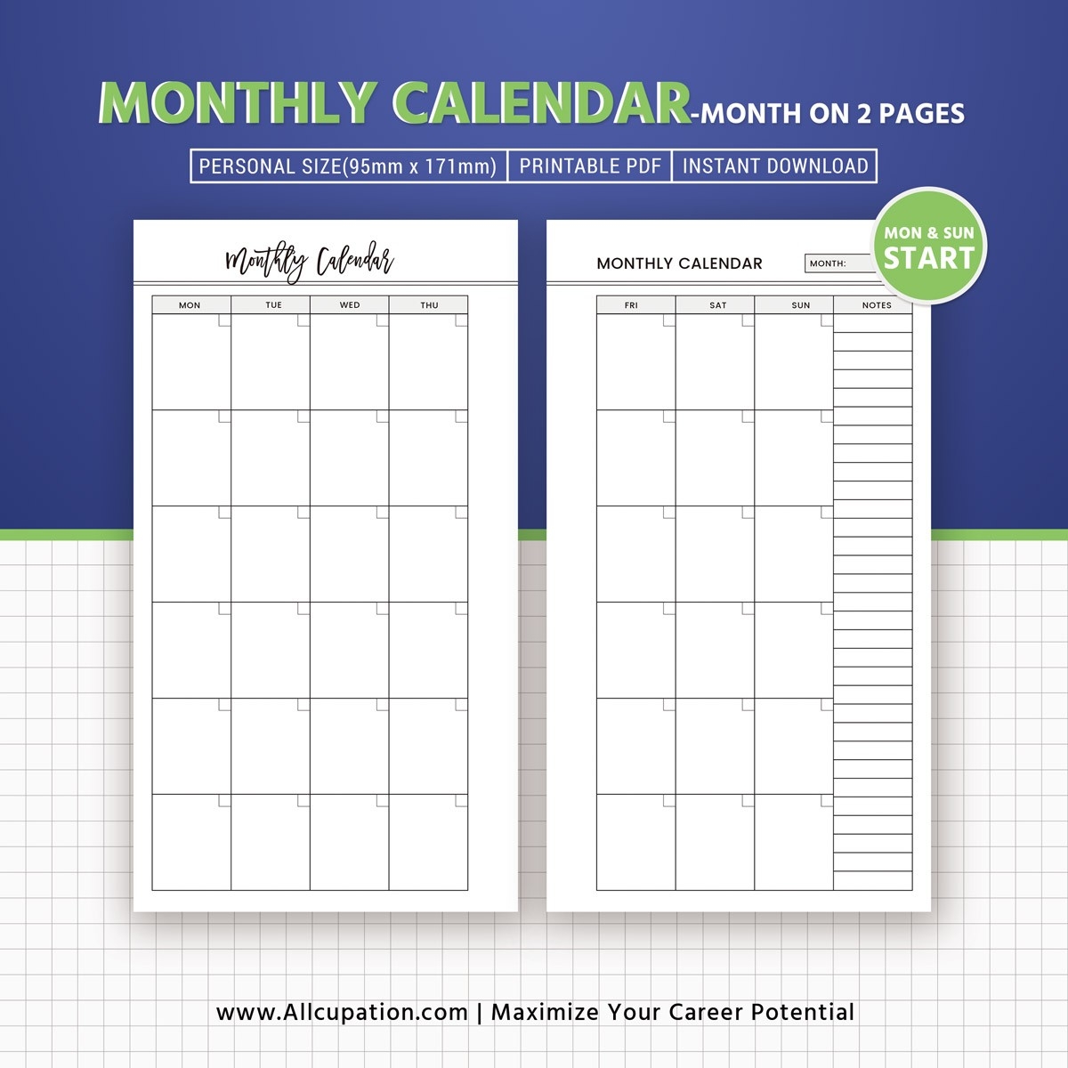 Monthly Calendar 2019, Month On 2 Pages, Printable Personal Size, Planner  Inserts, Planner Design, Best Planner, Filofax Personal, Instant Download-2 Page Monthly Calendar Template Printable