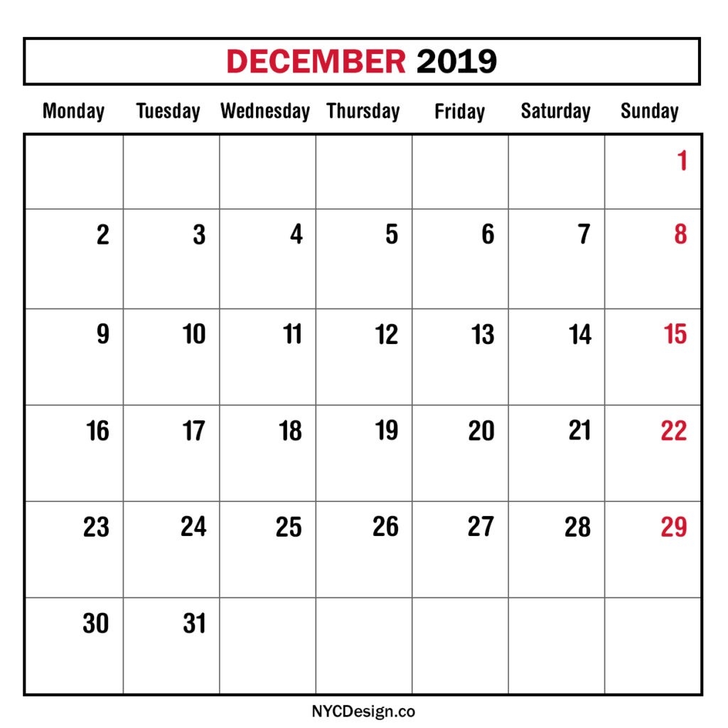 Monthly Calendar December 2019, Monthly Planner, Printable-Free Printable Monthly Calendars Monday Start