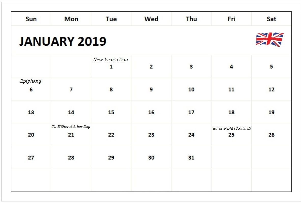 Monthly Calendar January 2019 Uk Holidays #januarycalendar-Monthly Calendar Uk Printable