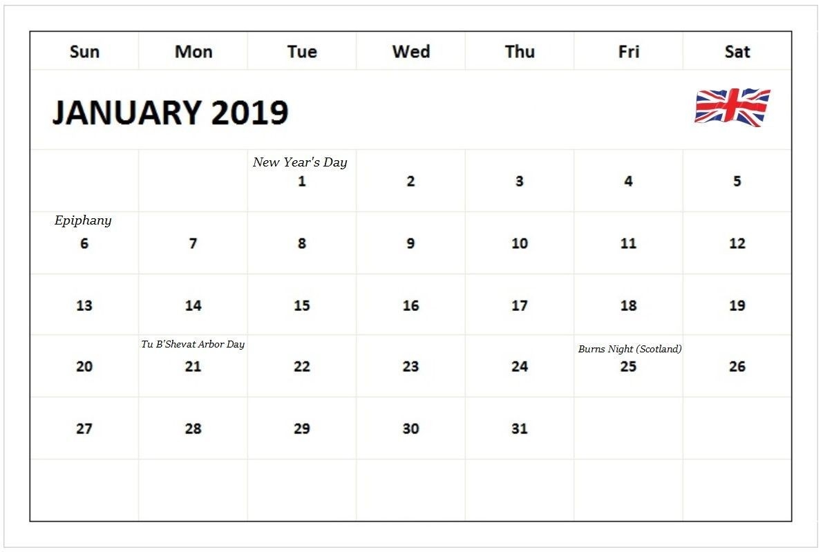 Monthly Calendar January 2019 Uk Holidays #januarycalendar-Uk Monthly Calendar Template