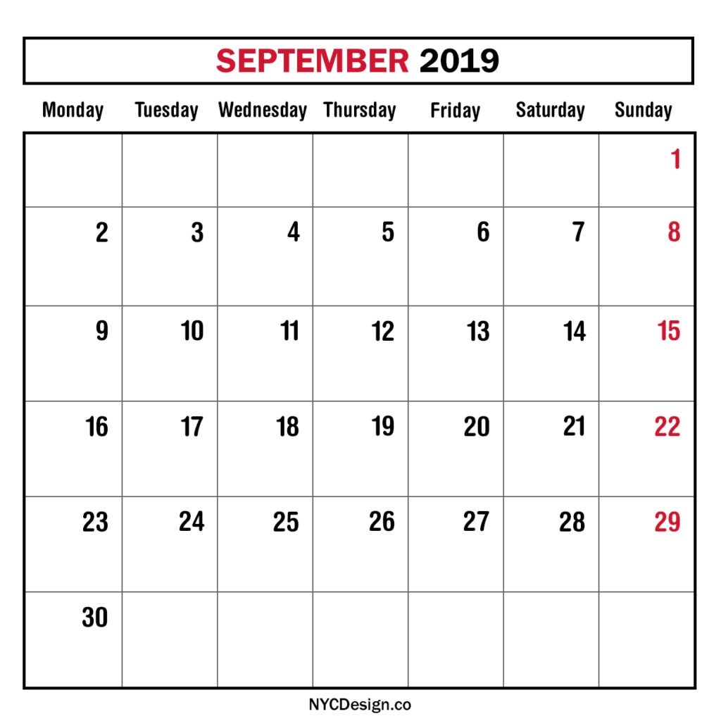 Monthly Calendar September 2019, Monthly Planner, Printable-Blank September Calendar Monday Start