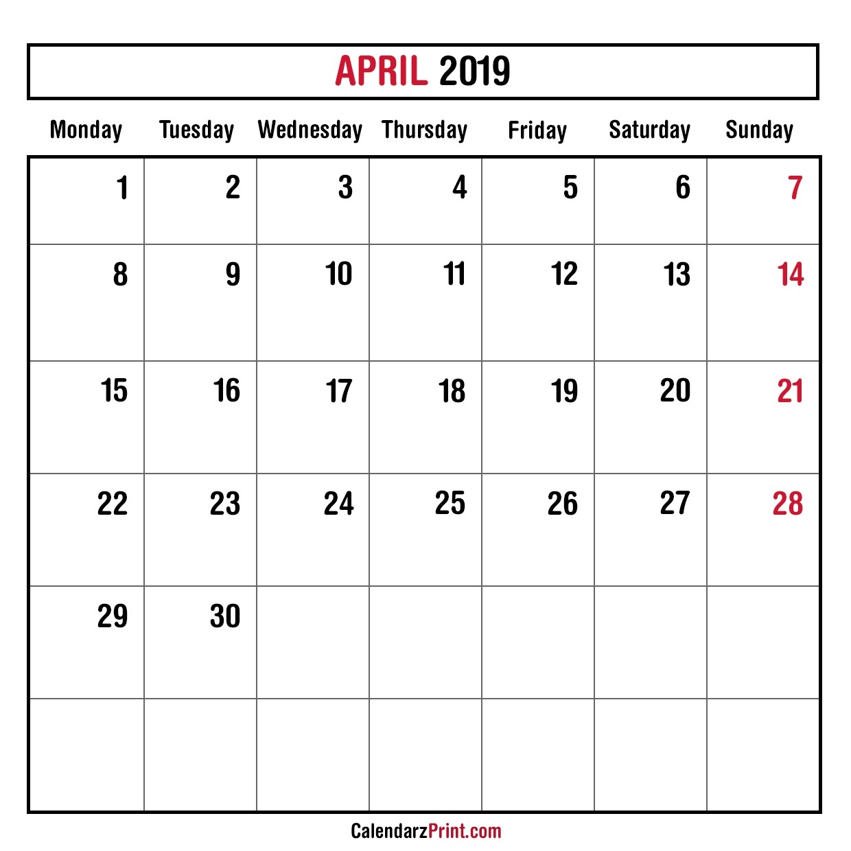 Monthly Planner April 2019 – Printable – Monthly Calendar-Monthly Calendar Starting Monday