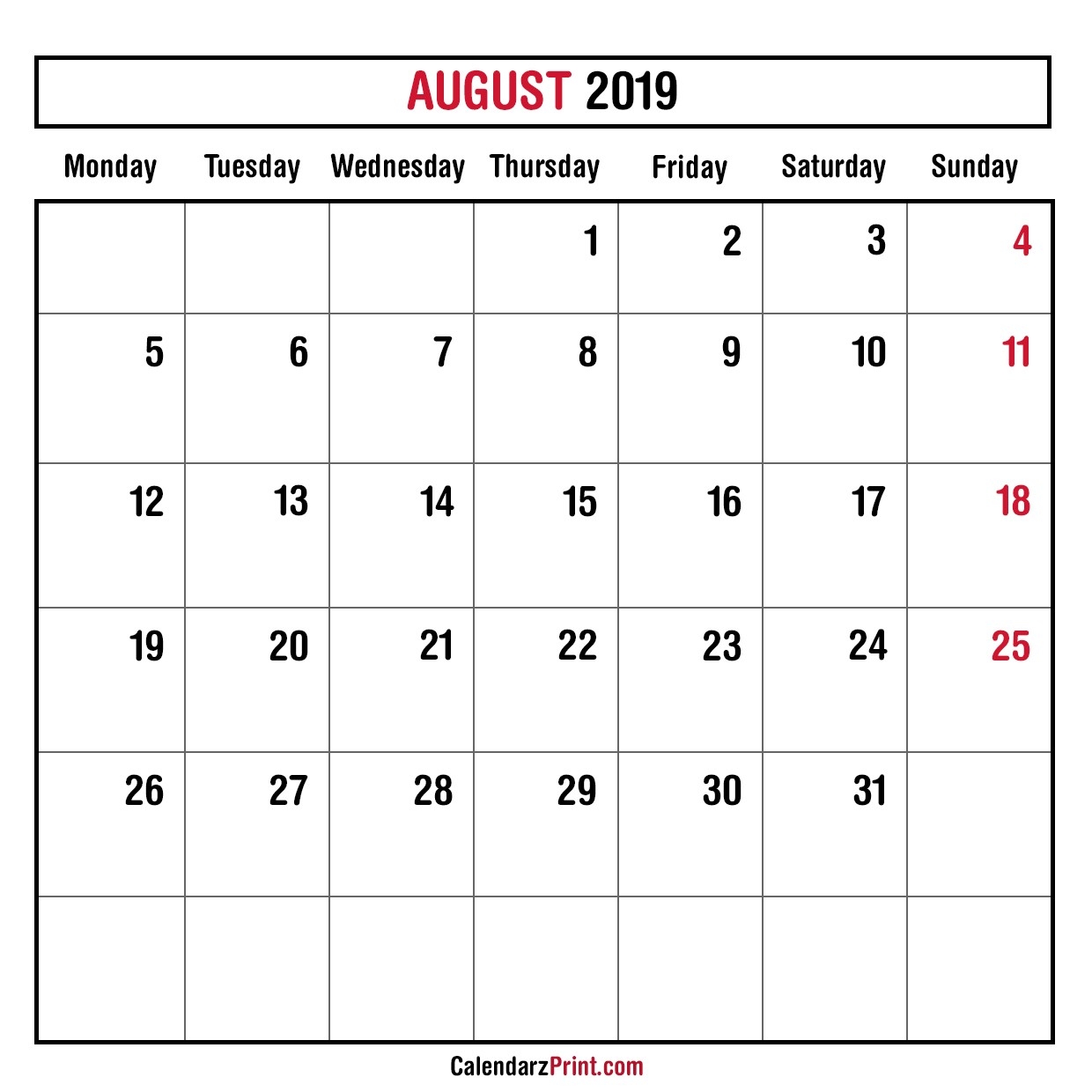 Monthly Planner August 2019 – Printable – Monthly Calendar-Monthly Calendar Starting Monday