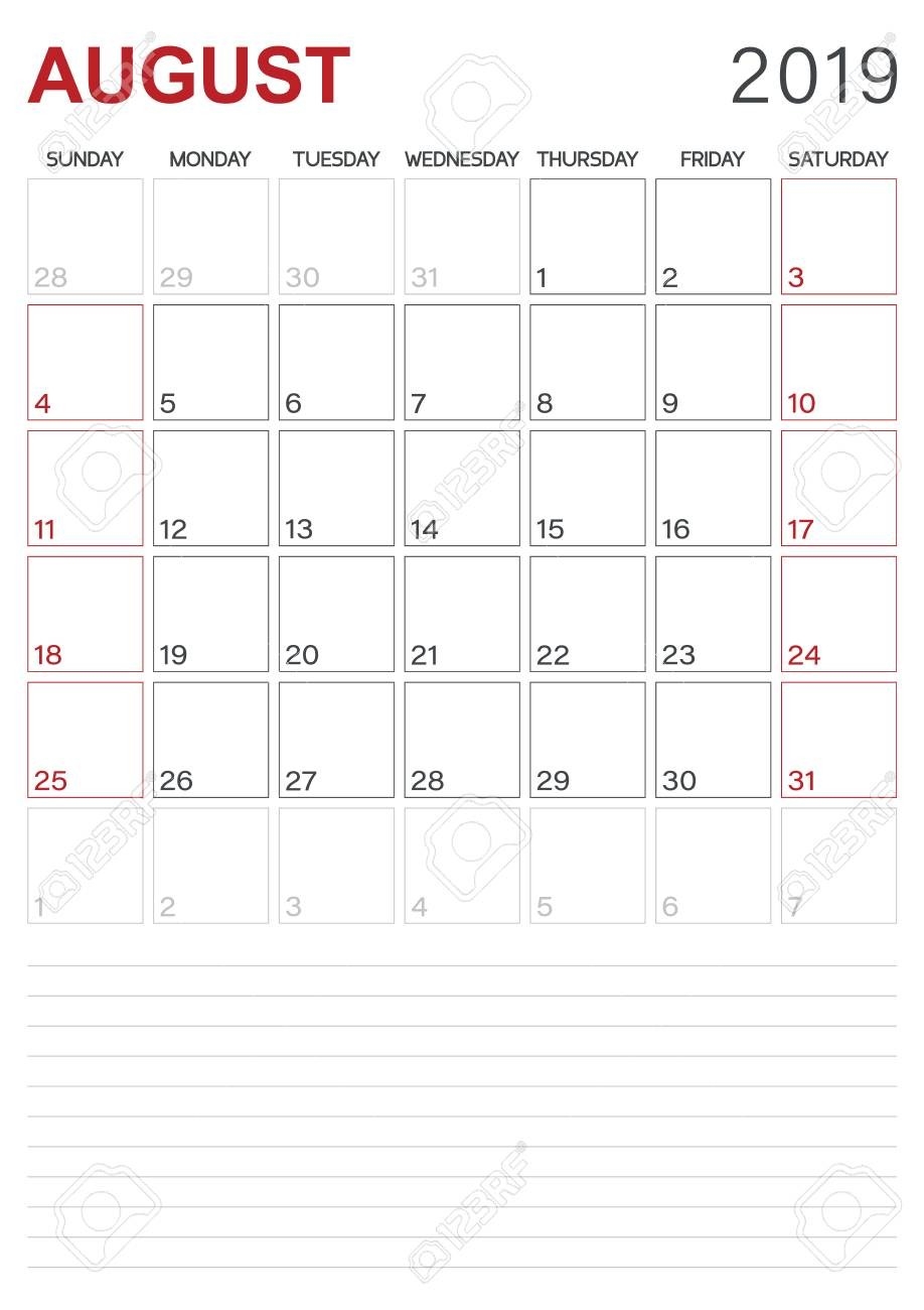 Monthly Planner Calendar August 2019, Week Starts On Sunday,..-Monthly Calandar Template Start From Sunday