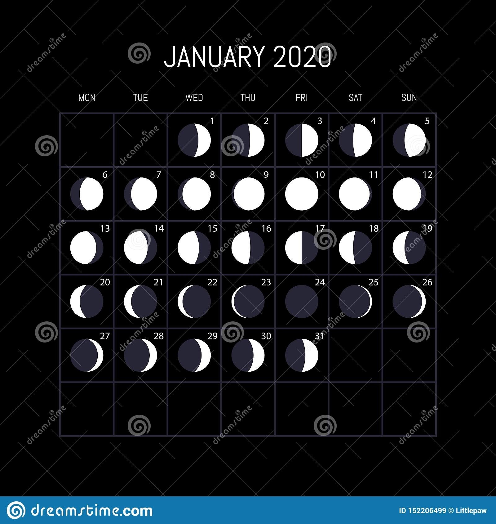 Moon Phases Calendar For 2020 Year. January. Night-Moon Calendar January 2020