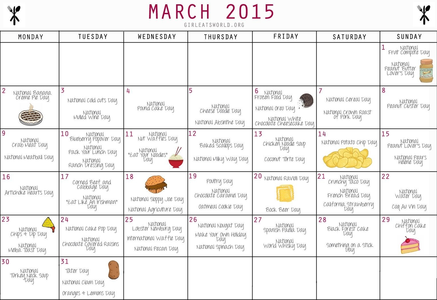 National Food Holidays 2020 Printable Calendar Template Printable