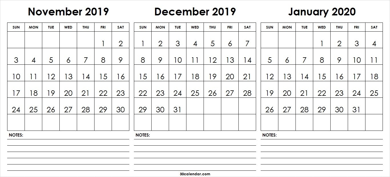 Nov-Dec-2019-Jan-2020-Calendar-Printable - 30 Day Calendar-December January 2020 Calendar