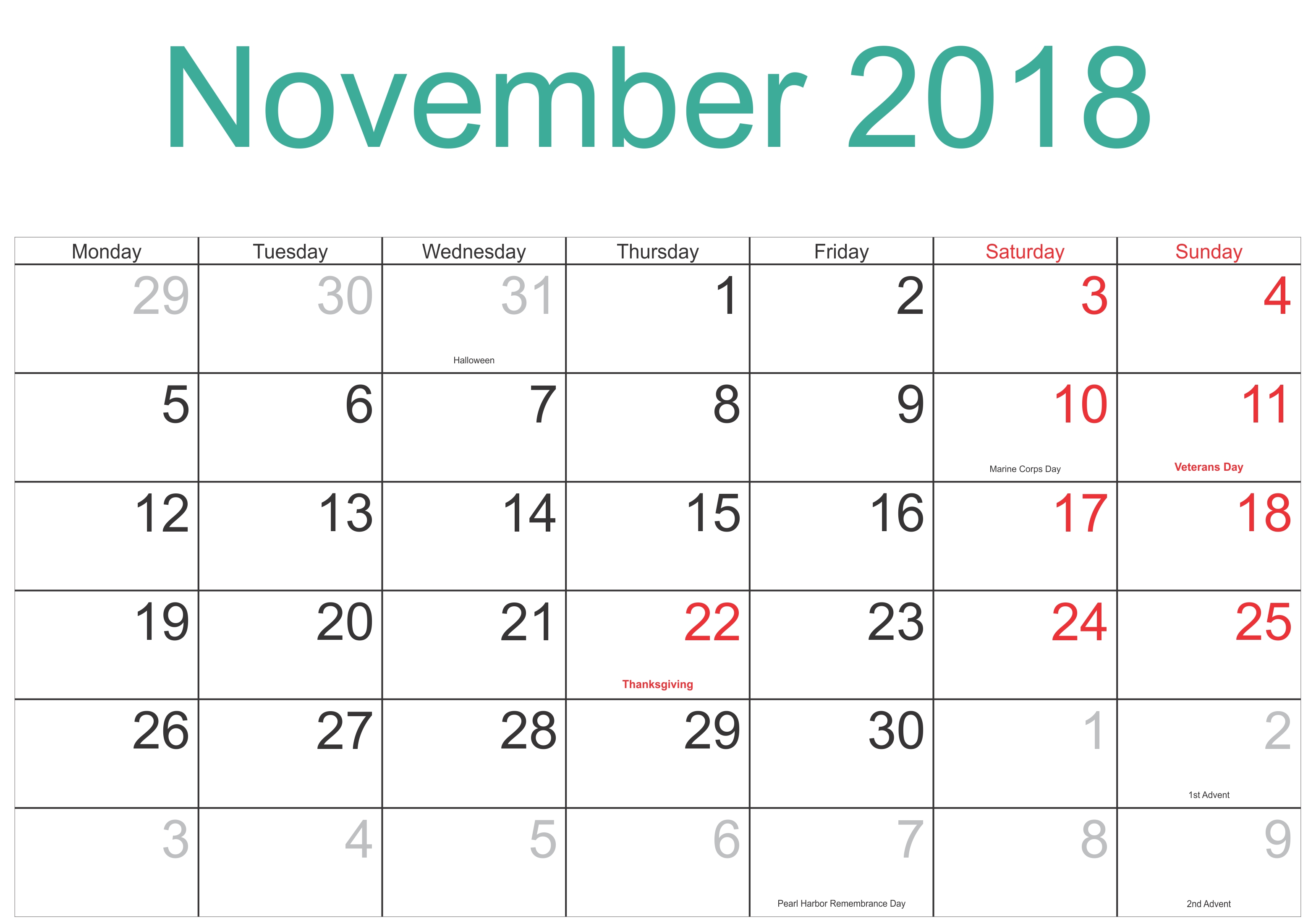 November 2018 Calendar Printable Template With Holidays-Free Calendar Template Printable 201