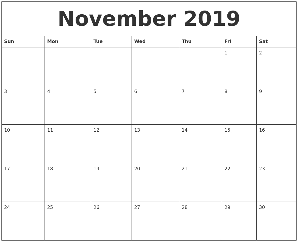November 2019 Free Printable Monthly Calendar-Free Printable Monthly Calendars Monday Start