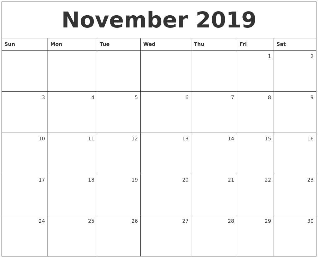 November 2019 Monthly Calendar-Monthly Calendars Start Monday