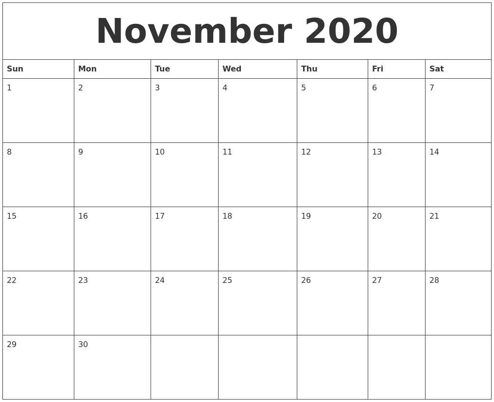 November 2020 Blank Monthly Calendar Template-2020 Blank Printable Monthly Template