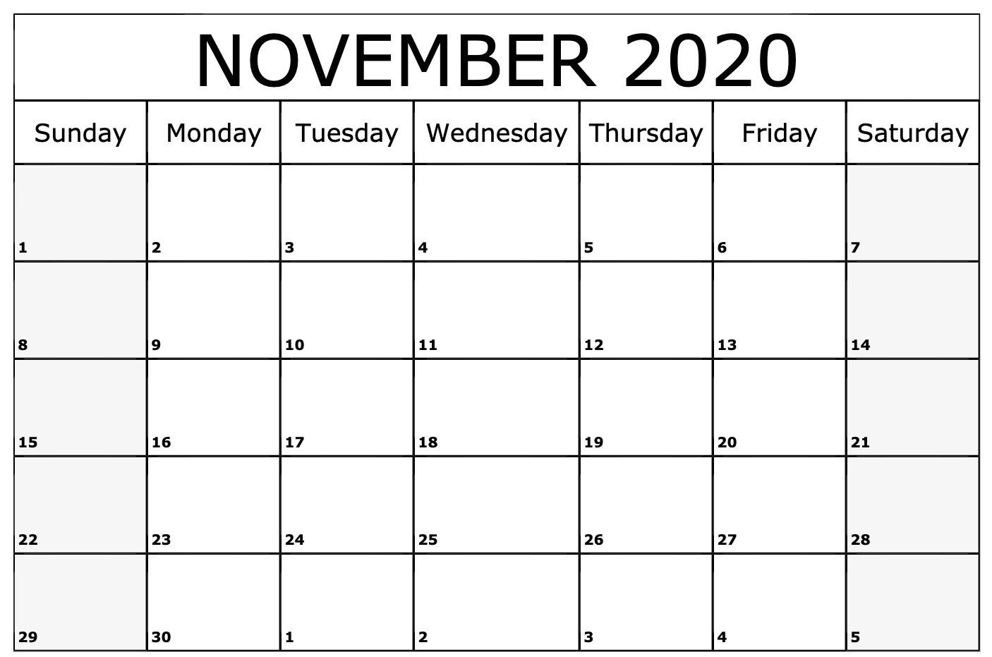 November 2020 Calendar Printable Template | Monthly-Printable Monthly Calendar November 2020 Excel