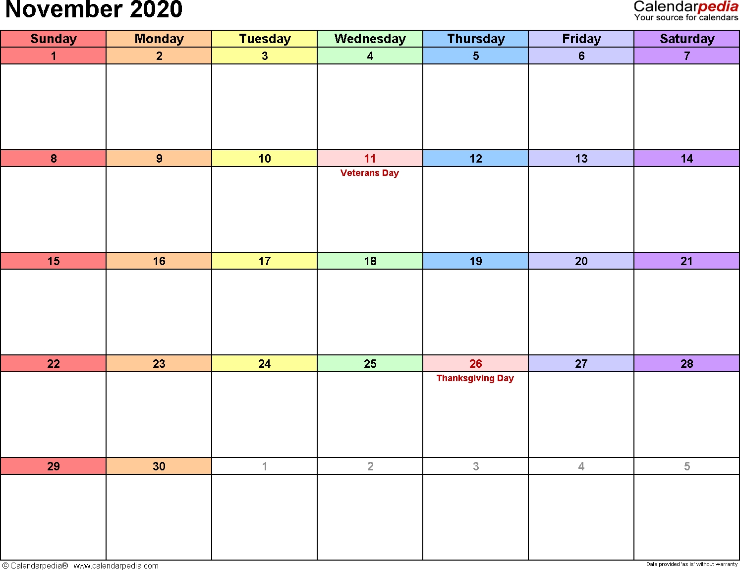 November 2020 Calendars For Word, Excel &amp; Pdf-Printable Monthly Calendar November 2020 Excel