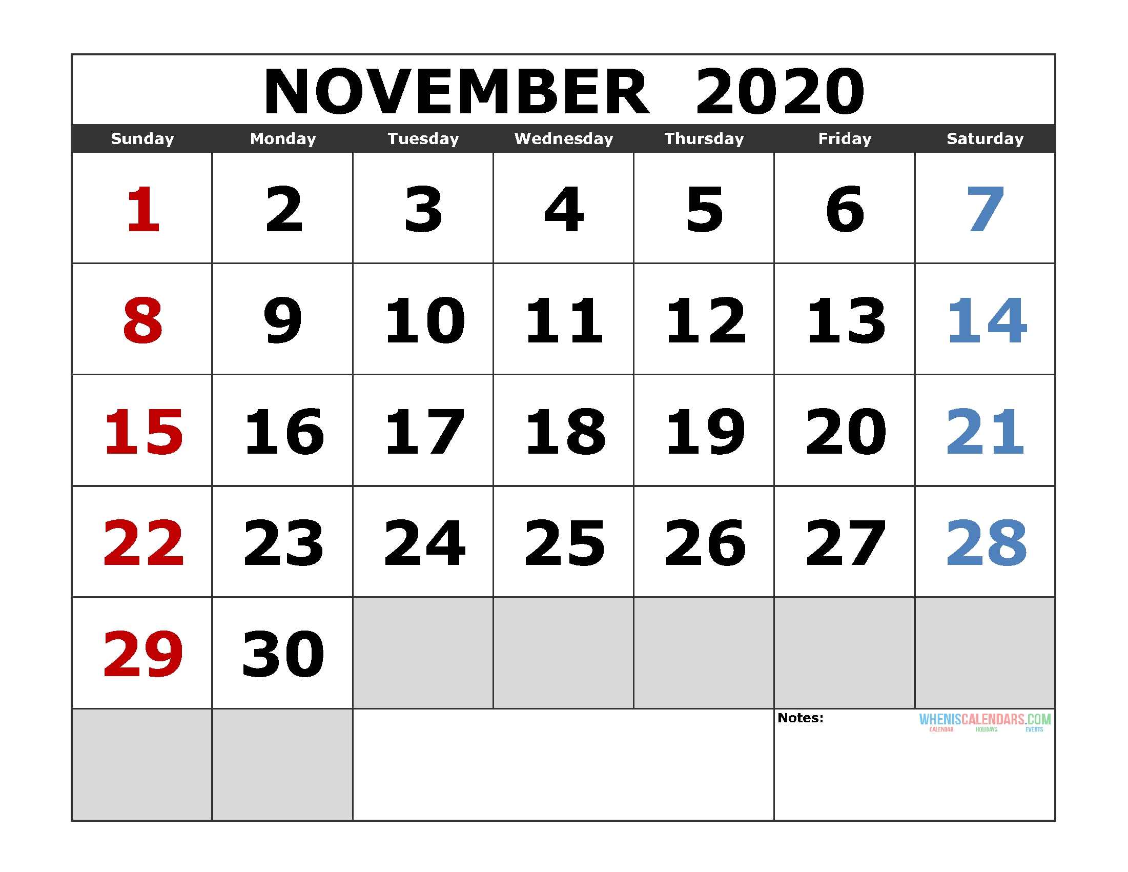 November 2020 Printable Calendar Template Excel, Pdf, Image-2020 Jewish Holidays Printable Calendar