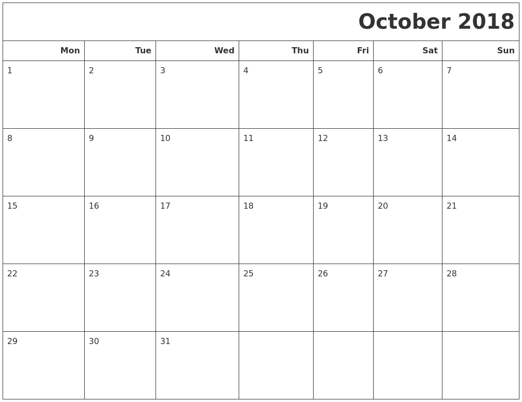 October 2018 Calendar Printable Monday Start | October 2018-Blank Excel Calender That Starts On Monday