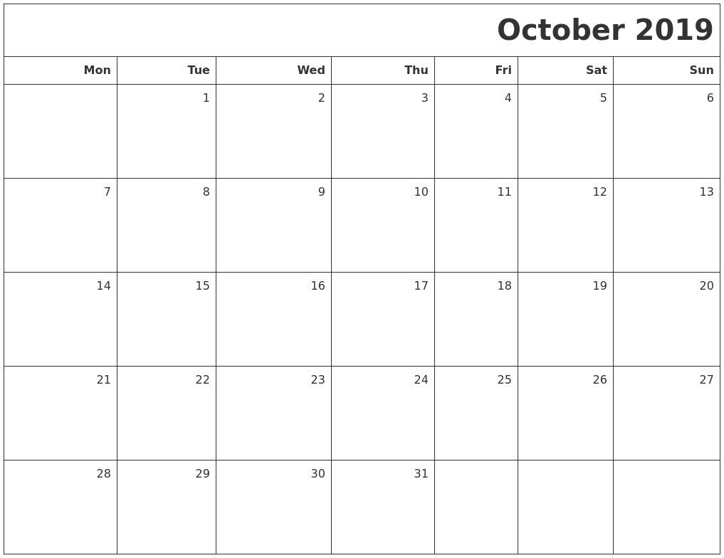 October 2019 Printable Blank Calendar-Blank Calendar Starting With Monday