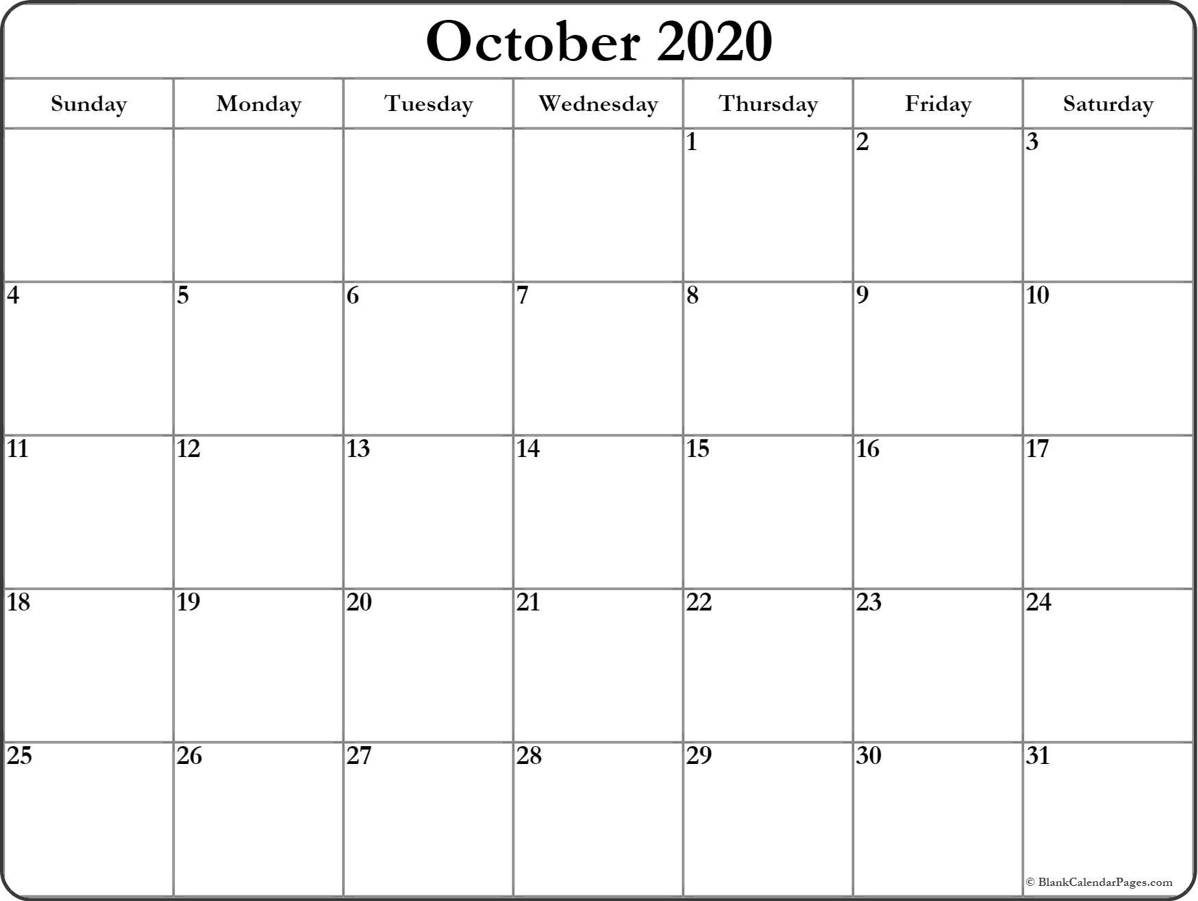 October 2020 Blank Calendar Templates.-Fill In Calendar Template 2020