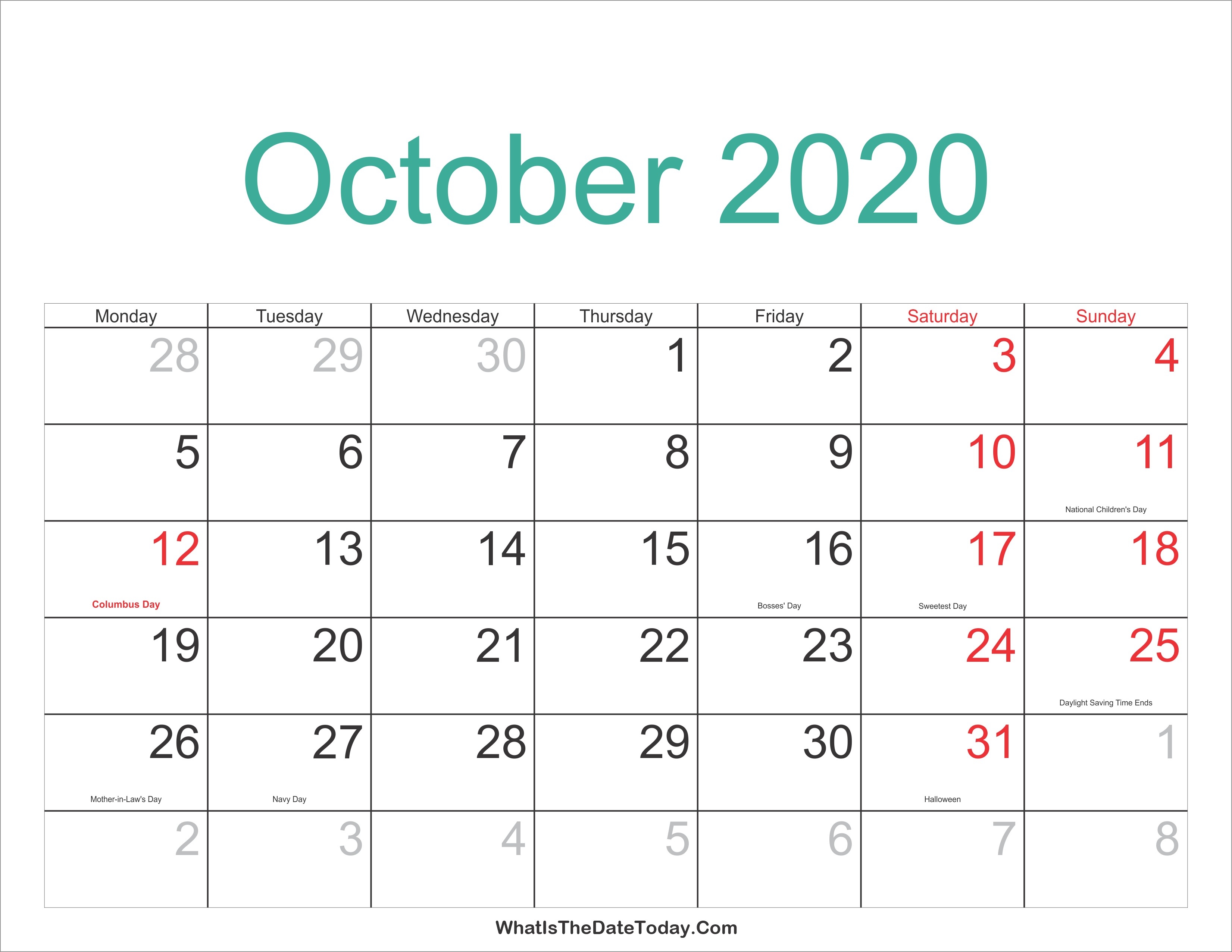 October 2020 Calendar | Thekpark-Hadong-Jewish Holidays October 2020