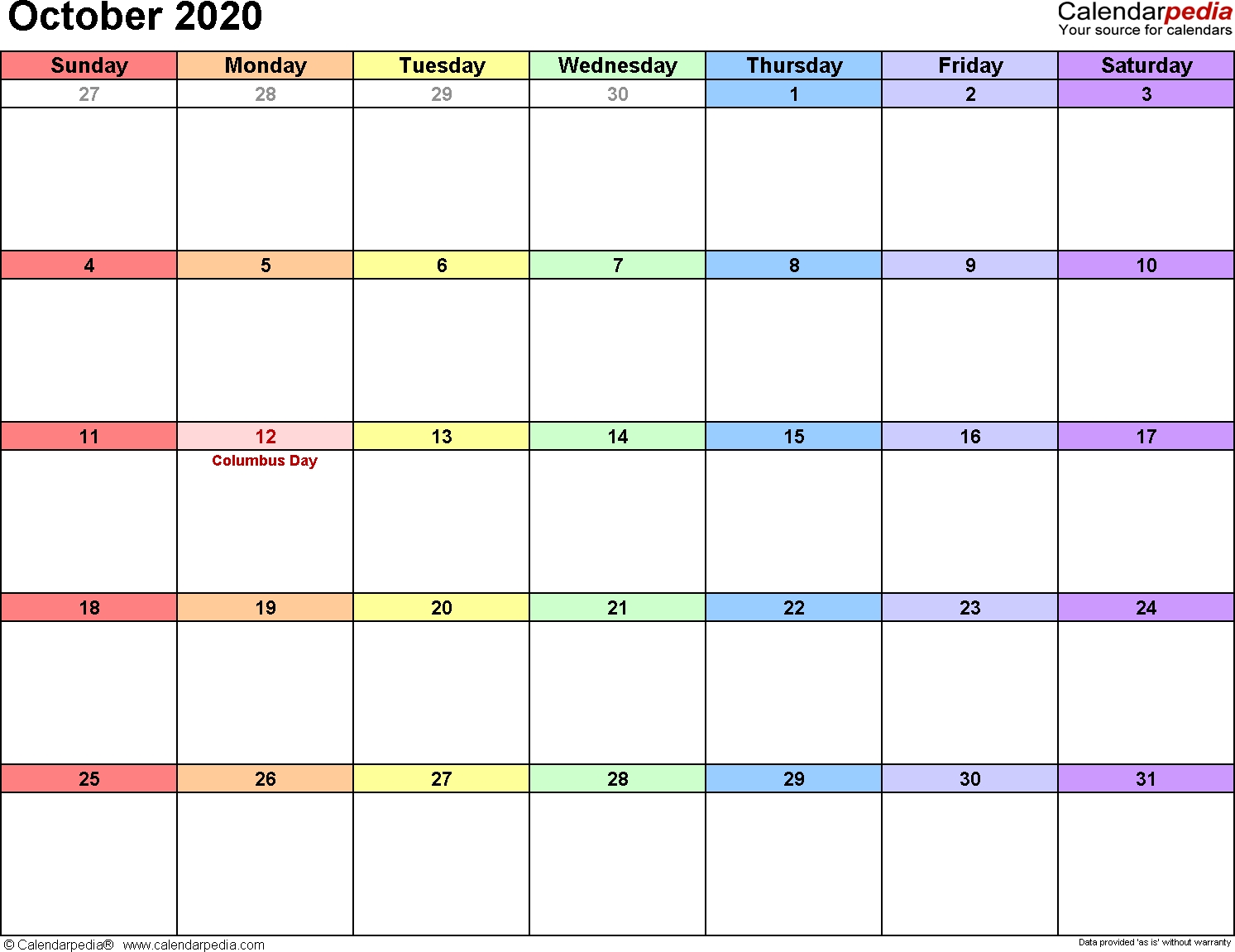 October 2020 Calendars For Word, Excel &amp; Pdf-October 2020 Monthly Calendar Blank Printable