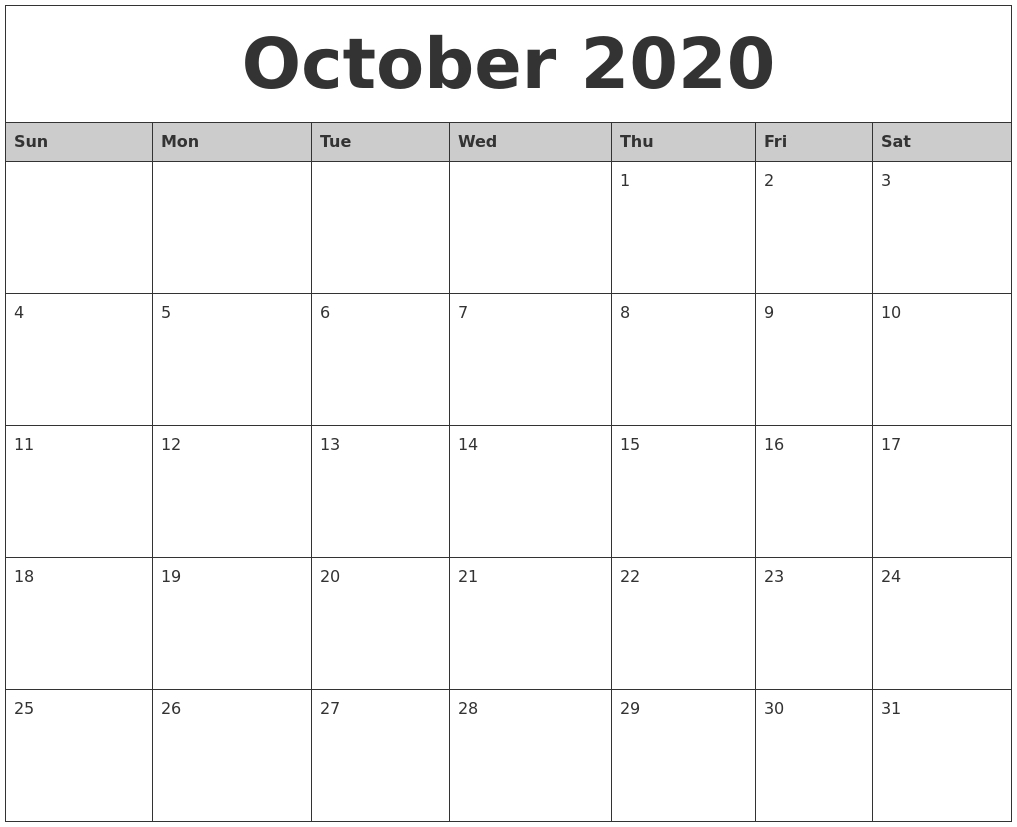 October 2020 Monthly Calendar Printable-October 2020 Monthly Calendar Printable
