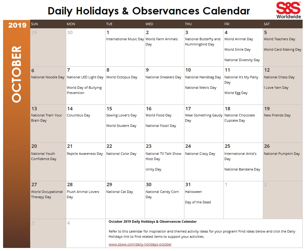 October Daily Holidays &amp; Observances Printable Calendar-Printable List Of National Holidays