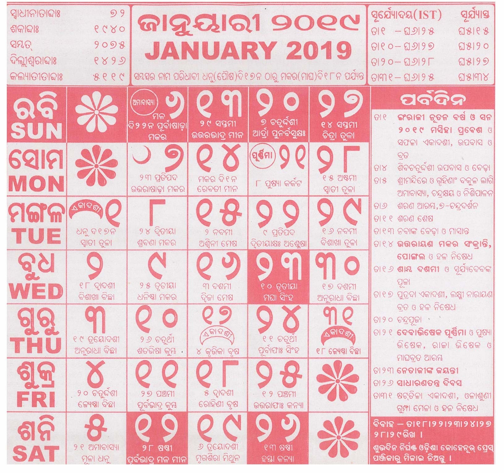 Odia Calender, Odia Panji, Odia Calendar, Kohinoor Odia-January 2020 Calendar Odia
