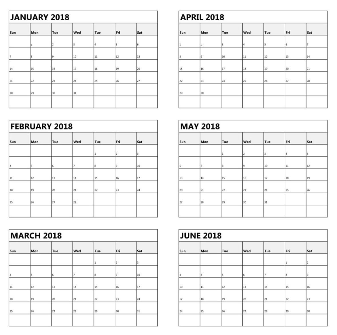 One Page 6 Month Calendar 2018 | Latest Calendar | Calendar-Calendar Blanks 6 Months