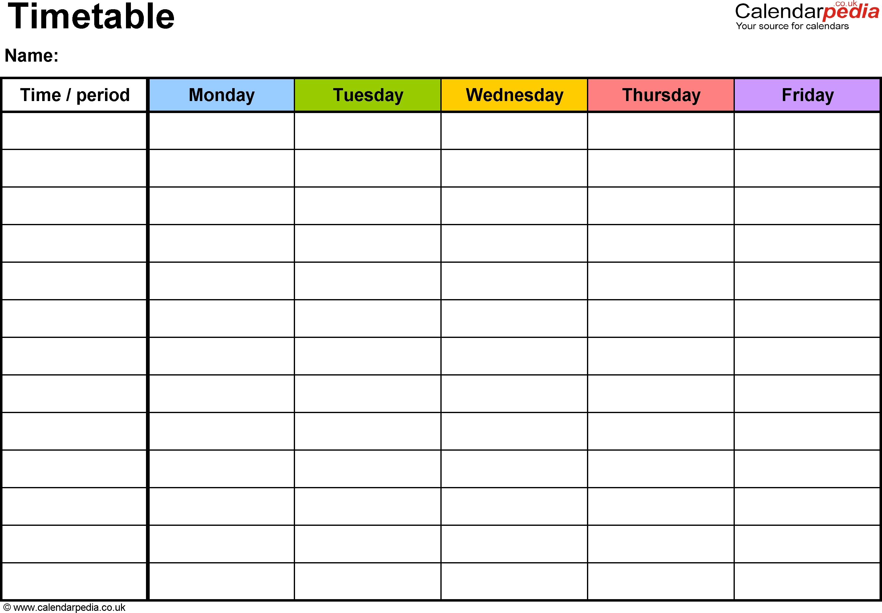 Pdf Timetable Template 2: Landscape Format, A4, 1 Page-Blank Calendar Monday To Friday