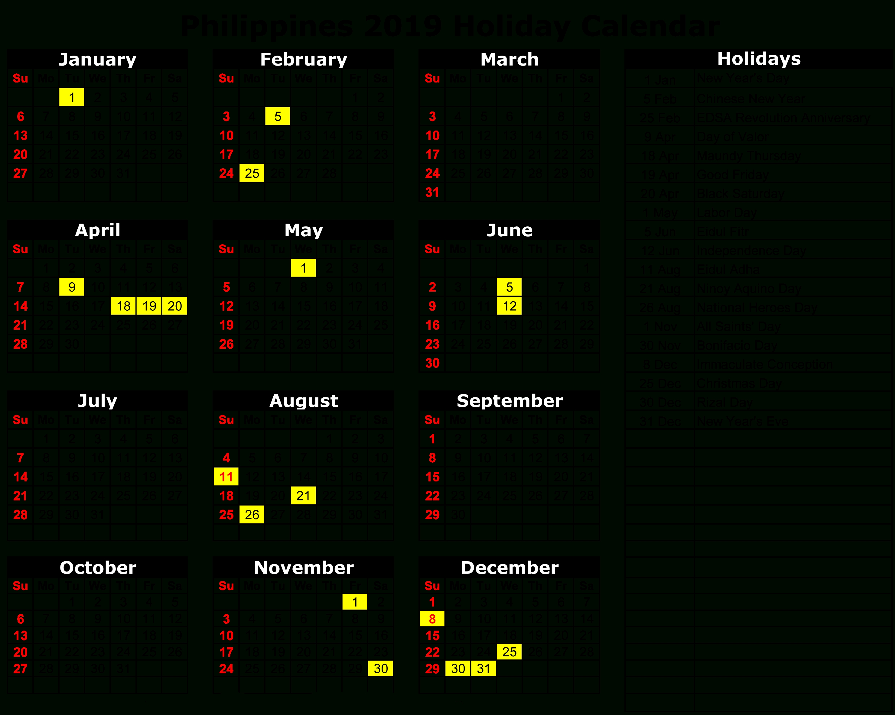 Philippines 2019 Holiday Calendar | Calendar 2019 | Holiday-Calendar Template With Philippine Holidays